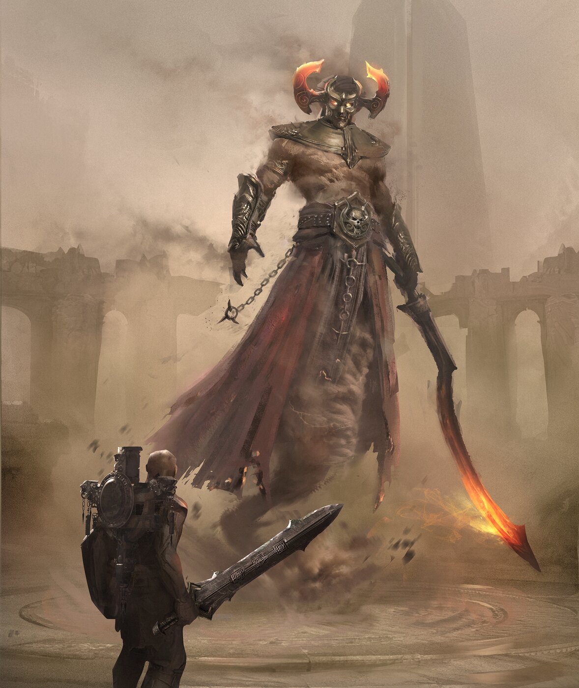 Painted concept art of the horned boss Iblis carrying a scythe