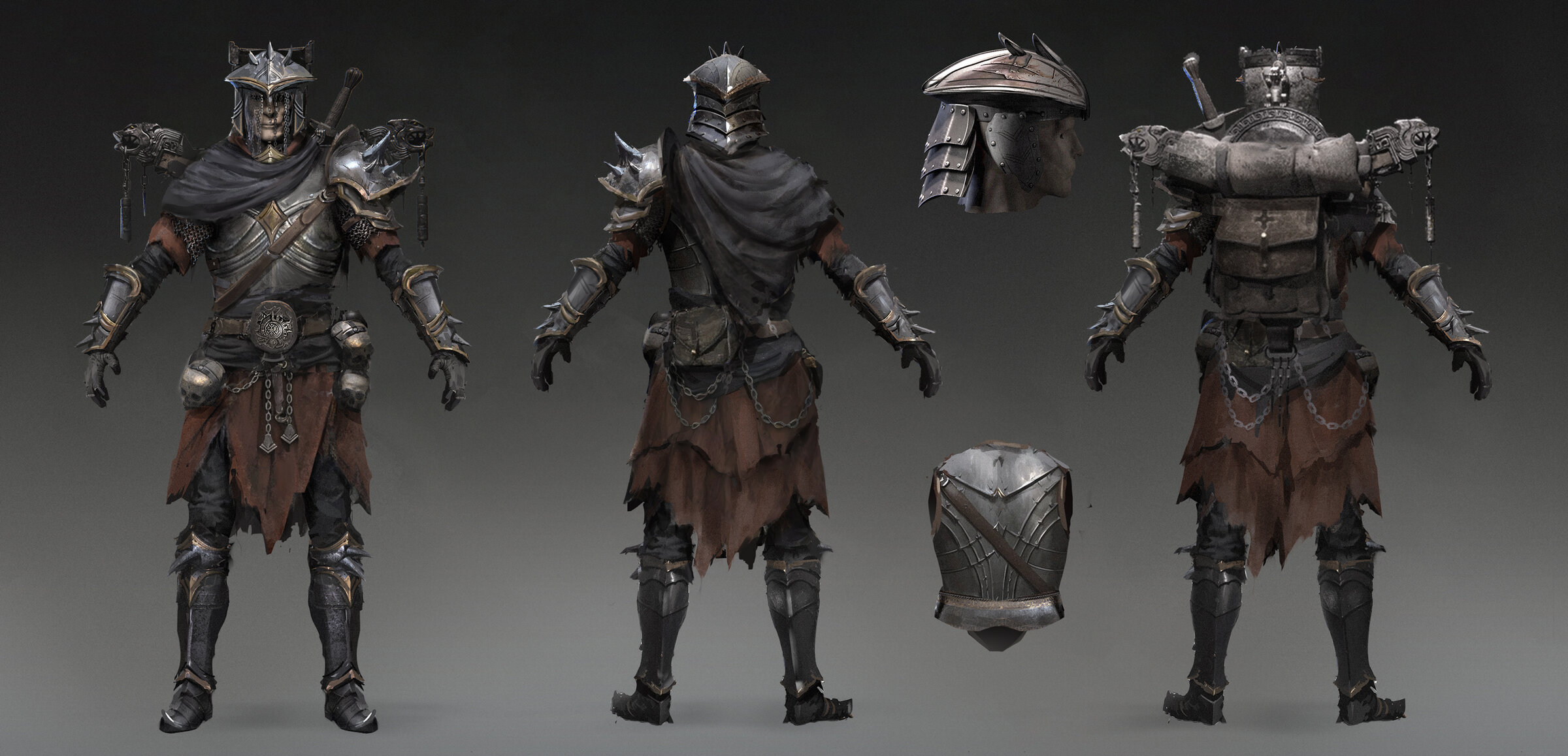 Concept spec sheet of the Shaalith heavy armor set: front, side, and back views plus helmet and breastplate callouts