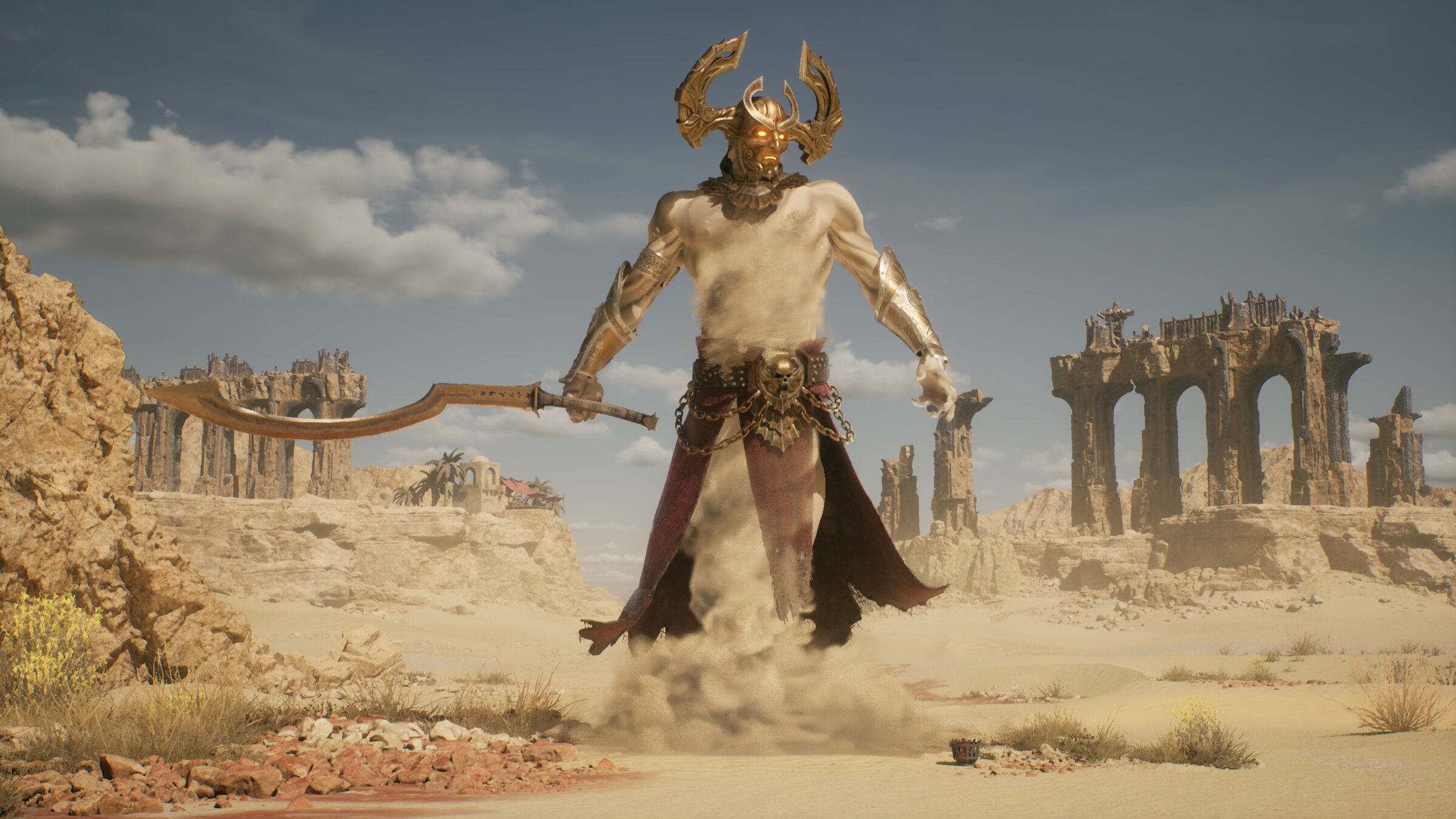 UE5 in-engine render of the Iblis boss with scythe in a desert ruin