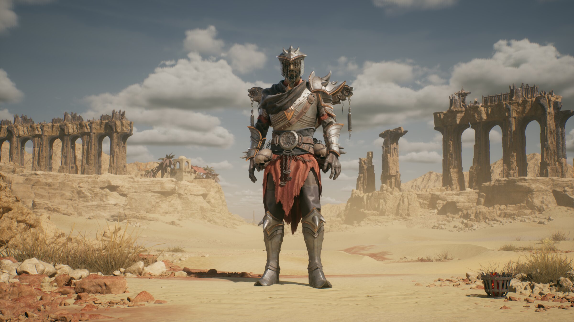 UE5 in-engine render of the Shaalith heavy-armor warrior standing in a desert ruin at daylight