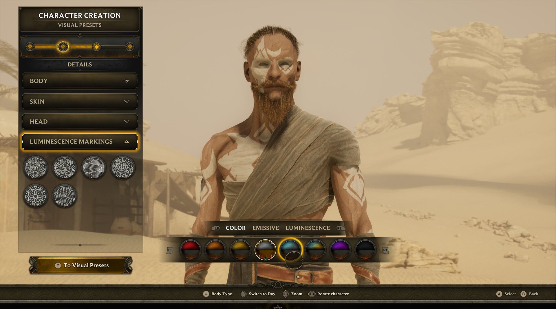 Character creation screen with body, skin, head, and luminescence marking controls