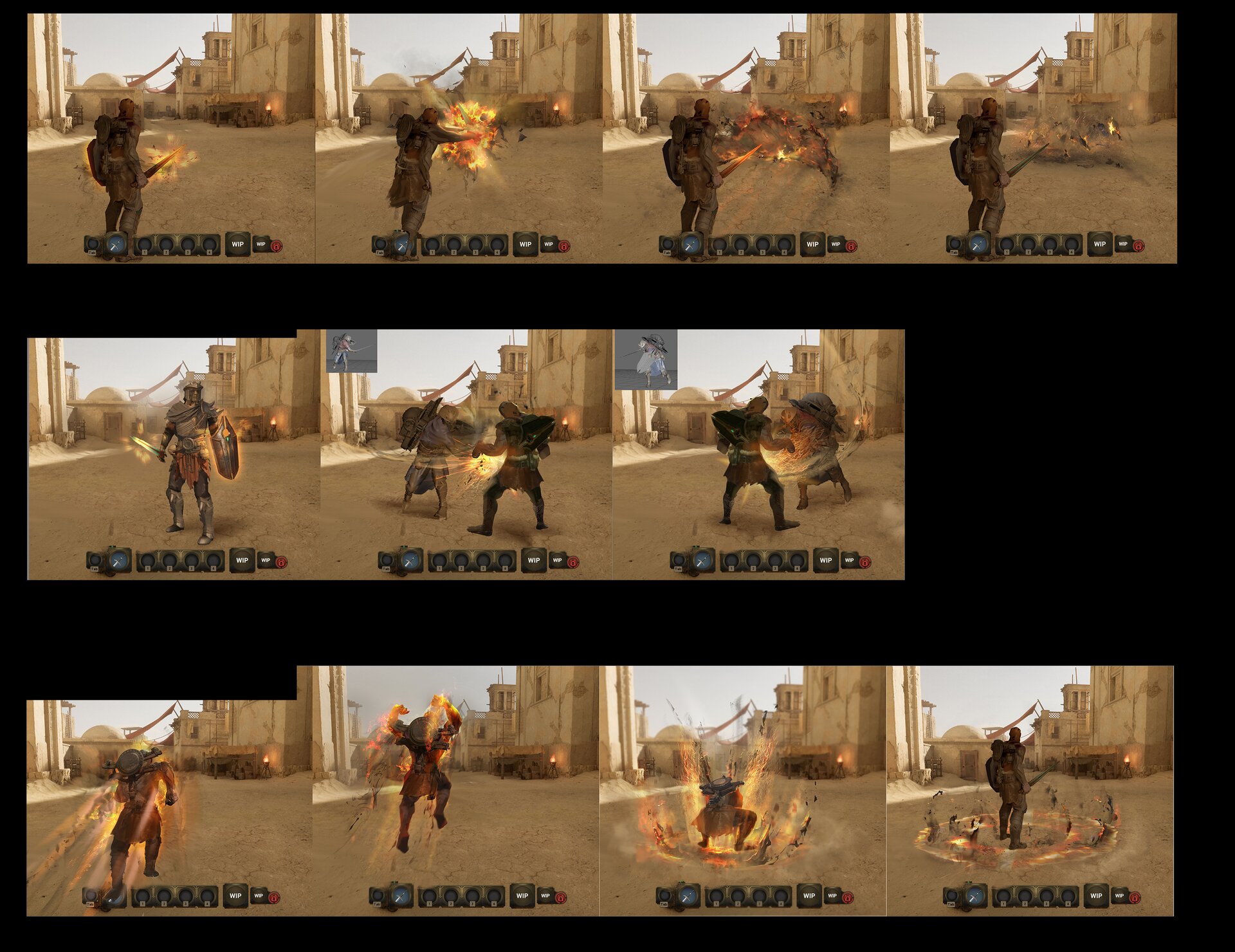 Three rows of fire-ability sequence frames showing wave, combo, and charge-and-slam attacks
